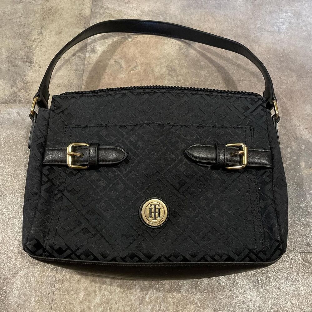 tommy hilfiger minimalistic black logo belted shoulder bag with gold hardware